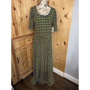 NWT LuLaRoe Ana Size XL Long Maxi Dress Dog Print Yellow Navy Scoop Neck Casual